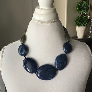 Blue River Stone Look Statement Necklace Blue Gray Flat Beads Black Cord NEW